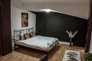 布加勒斯特Happy Accomodation的一间卧室设有一张床和黑色的墙壁
