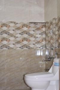 班加罗尔hotel fortune suites的一间带卫生间和瓷砖墙的浴室