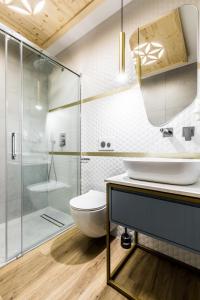 扎科帕内Aparthotel Prestige的一间带卫生间和玻璃淋浴间的浴室