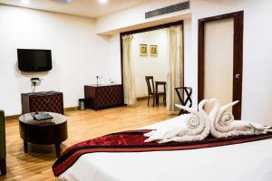 瓜廖尔Hotel Adityaz的一间酒店客房,配有一张床和一台电视