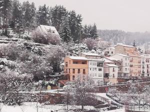 MontánCasa Rural Los Pineros的一座满是建筑物和树木的雪城