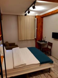 伊斯坦布尔热情实惠奥塔克依酒店的一间卧室配有一张床、一张书桌和一台电视