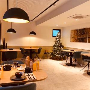 NeerpeltB&B Villa Mimosa的一间位于后面的用餐室,里面种有圣诞树