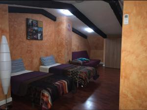 马德里Chalé Barajas Escala的一间设有两张床和一张沙发的房间