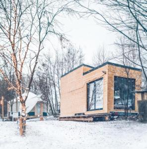 ReguliceLushHills - Tiny House - Modern House On Wheels的雪中的小房子,有一棵树