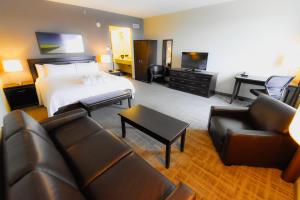 温尼伯加拿德健康科学中心酒店的酒店客房配有一张床、一张沙发和椅子。