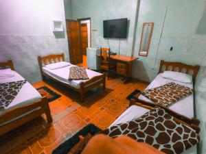 波多韦柳Guajará Palace Hotel的客房设有三张床和一台平面电视。