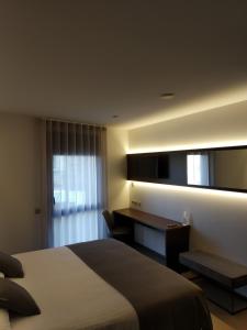 奥洛特Hotel Olot Centre的配有一张床、一张书桌和一扇窗户的酒店客房