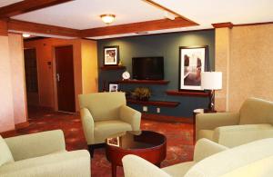 开普吉拉多Auburn Place Hotel & Suites Cape Girardeau的客厅配有椅子、电视和沙发