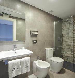 潘普洛纳阿文尼达酒店的一间带卫生间、水槽和镜子的浴室