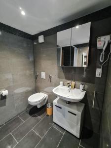 埃森check-inn hotels - Essen的一间带水槽、卫生间和镜子的浴室