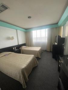 莱昂Hotel Real Rex的酒店客房设有两张床和一台平面电视。