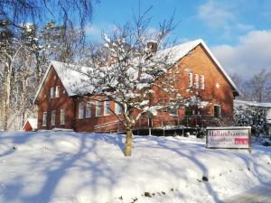 耶纳普Hallandsåsen Hostel的房子前雪中一棵树