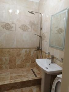 基兹洛沃茨克Филадэльфия的浴室配有盥洗盆和带镜子的淋浴