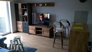 什切青Apartament Skandynawski Premium的客厅配有平面电视和椅子