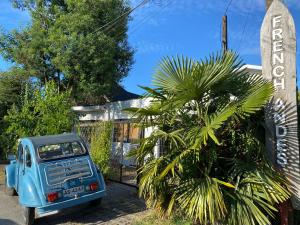 普孔French Andes Apart & Chile Campers Rental的停在棕榈树旁边的一辆蓝色卡车