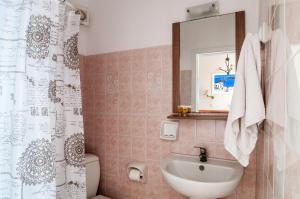 佩里沃罗Holiday Beach Resort Santorini的一间带水槽、卫生间和镜子的浴室