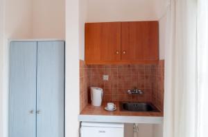 佩里沃罗Holiday Beach Resort Santorini的一个带木制橱柜和水槽的小厨房