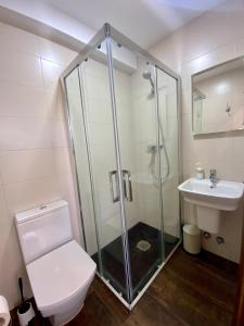 萨里亚Casa Morgade的带淋浴、卫生间和盥洗盆的浴室