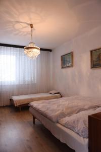 Plavecké PodhradieChalupa GABIKA的一间卧室配有两张床和吊灯。