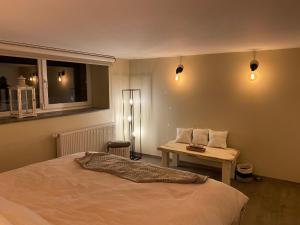 绍德方丹Le Retour aux Sources - Chambre d'Hôte chaleureuse et conviviale的一间卧室配有一张床、一张桌子和灯