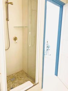 瓦拉泽seahousevarazze的浴室里设有玻璃门淋浴