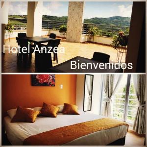AnsermaHotel Anzea的卧室两张图片,卧室配有一张床和一个阳台