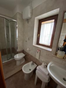 福贾Albergo Ristorante del Cacciatore的一间带水槽、卫生间和淋浴的浴室
