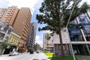 库里提巴Hotel Dan Inn Curitiba Centro的一条拥有树木和建筑的城市街道
