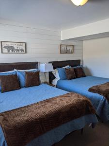 熔岩温泉村Lost Trail的蓝色和棕色的客房内的两张床