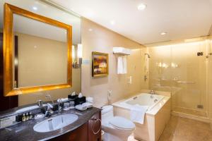 天津天津金泽大酒店的带浴缸、卫生间和盥洗盆的浴室
