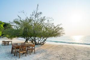 沙美岛Paradee的海滩上的一张木桌和椅子