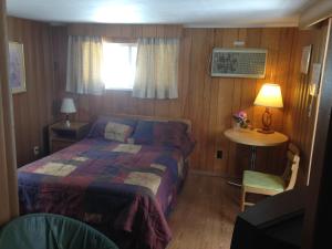 乔治湖琥珀元宵汽车旅馆的一间卧室配有一张床、一张桌子和一个窗户。