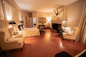 拉文纳佛里斯圣塔玛丽亚别墅酒店的一间卧室配有一张床和椅子,以及一个壁炉