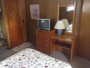 乔治湖琥珀元宵汽车旅馆的一间卧室配有一张床,梳妆台上配有电视