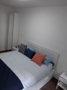 布达佩斯Rozsa55 apartment 2 rooms的卧室内的一张带枕头的床