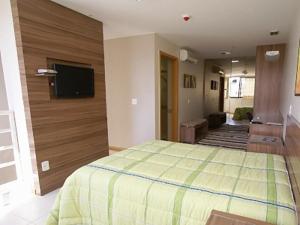 巴西利亚Duplex Apto Setor Hoteleiro Norte com serviço diário de limpeza的一间卧室配有一张床和一台平面电视