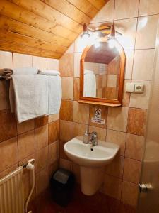 卡尔施泰因黑岩下餐厅酒店的浴室配有盥洗盆、镜子和毛巾
