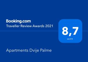 Apartments Dvije Palme的证书、奖牌、标识或其他文件
