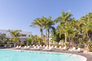 塔拉哈勒赫R2 Bahia Playa - Adults Only的度假村的游泳池配有躺椅和棕榈树