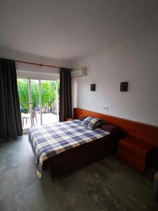 帕格拉卡提别墅旅馆的一间卧室设有一张床和一个大窗户