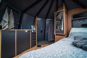 卡亚尼Arctic Lake Experience Oulujärvi Igloos的一间卧室配有一张大床和镜子