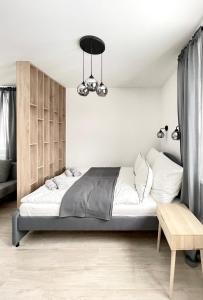 希维拉杜夫-兹德鲁伊Apartament Górska的一间卧室配有一张大床和一个吊灯。
