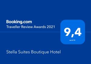 GoirleStella Suites Boutique Hotel的一张酒店标志的屏幕,上面有评语奖