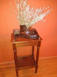 Anserall玛西亚登瓦伦蒂酒店的坐在桌子上,一双靴子和一株植物