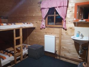 RibnicaPlaninski dom "Tornik" Zlatibor的客房设有两张双层床和盥洗盆。