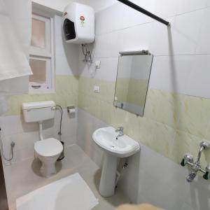 甘托克Martam Village Homestay的一间带卫生间、水槽和镜子的浴室