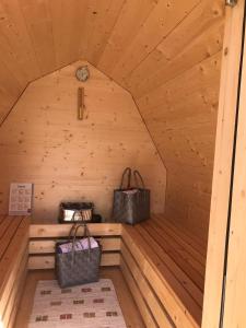 拉瓦莱Agriturismo Tolpei的小木屋内带2袋的桑拿浴室