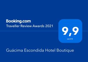 GuácimaGuácima Escondida Hotel Boutique的带有文本旅行者评审奖的蓝色框