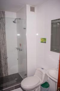 杜伊塔马Hotel Milán的带淋浴、卫生间和盥洗盆的浴室